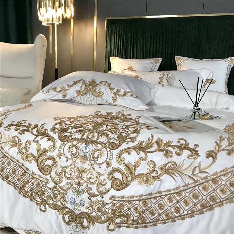 Afralia™ Luxurious White Satin & Cotton Bedding Set with Royal Gold Embroidery