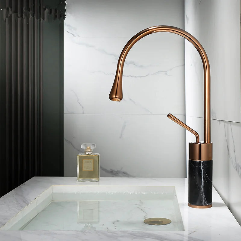 Afralia™ Rose Gold Brass and Marble Basin Faucet, Hot and Cold Sink Mixer Tap