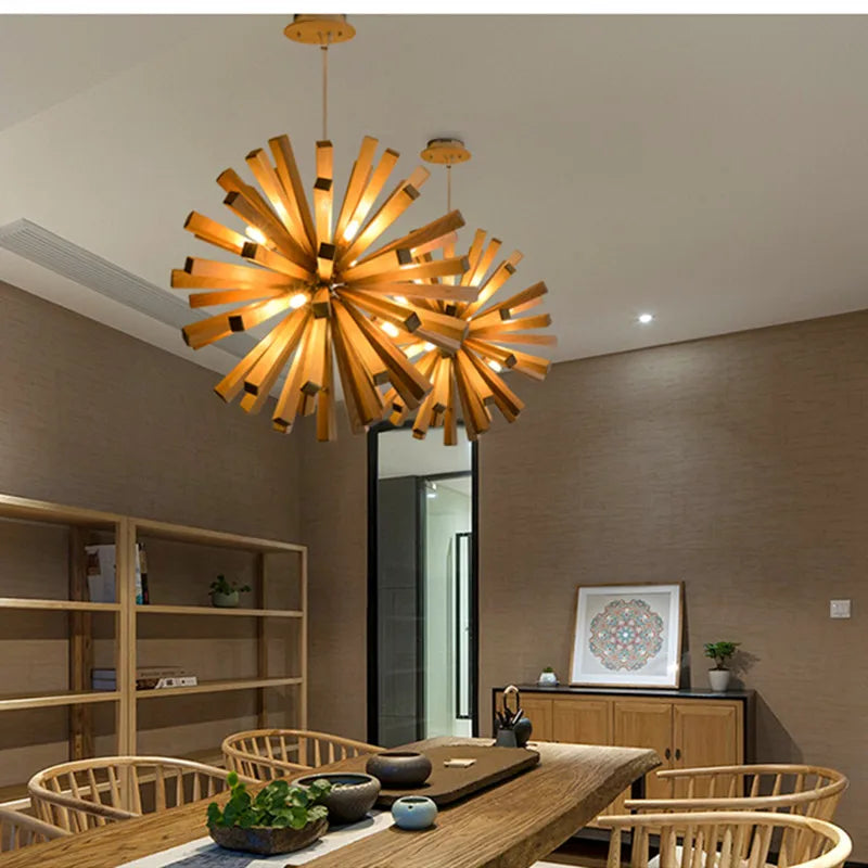 Afralia™ Nordic Dandelion Wooden Pendant Lights for Tea Room Dining Living, Artistic Personality Lamp