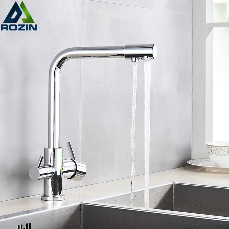 Afralia™ Chrome Brass Kitchen Faucet with Purified Water Filter - Deck Mounted Dual Handles