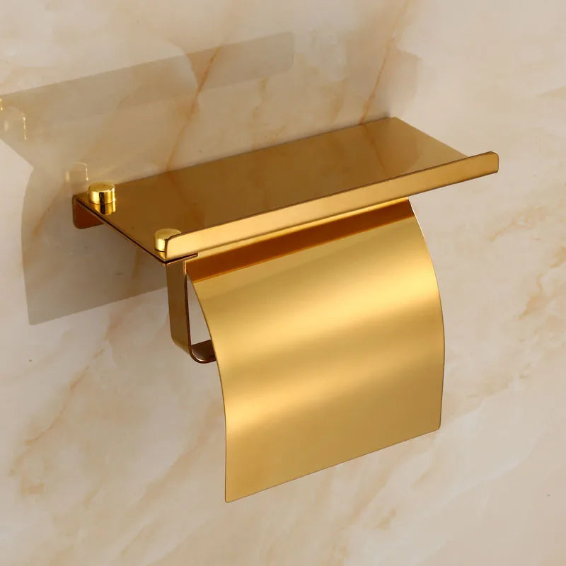 Afralia™ Rose Gold Toilet Paper Holder with Phone Shelf
