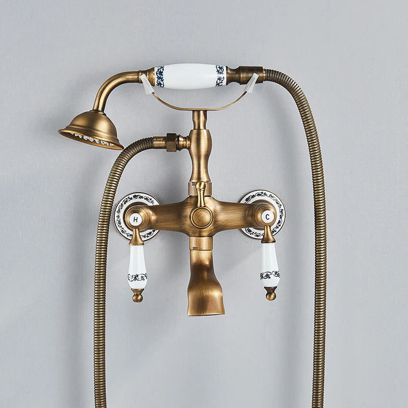 Afralia™ Brass Bathtub Shower Faucet Set with Dual Knobs and Handshower