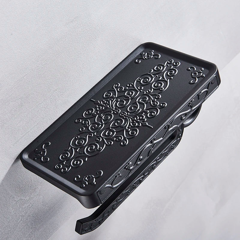 Afralia™ Black Toilet Paper Holder with Phone Rack: Wall-Mounted Aluminum Bathroom Storage