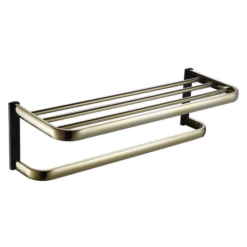 Afralia™ Gold & Black Bathroom Hardware Set: Shelf, Towel Rack, Paper Holder, Brush Holder