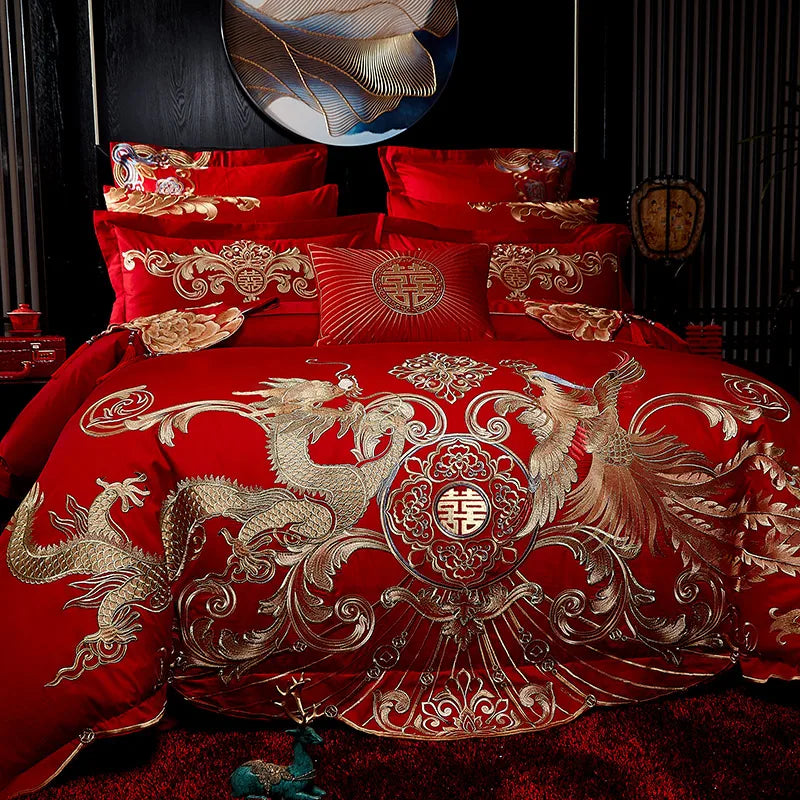 Afralia™ Red Chinese Wedding Gold Phoenix Embroidery Bedding Set, 100% Cotton