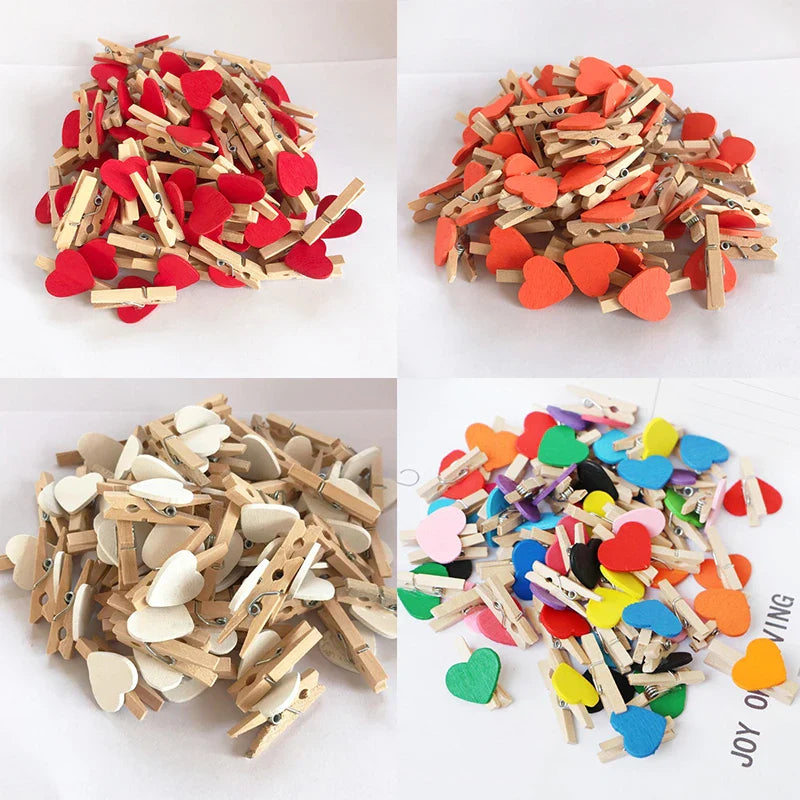 Afralia™ 50-Pack Romantic Heart Shape Wood Clips for Home Décor and Parties