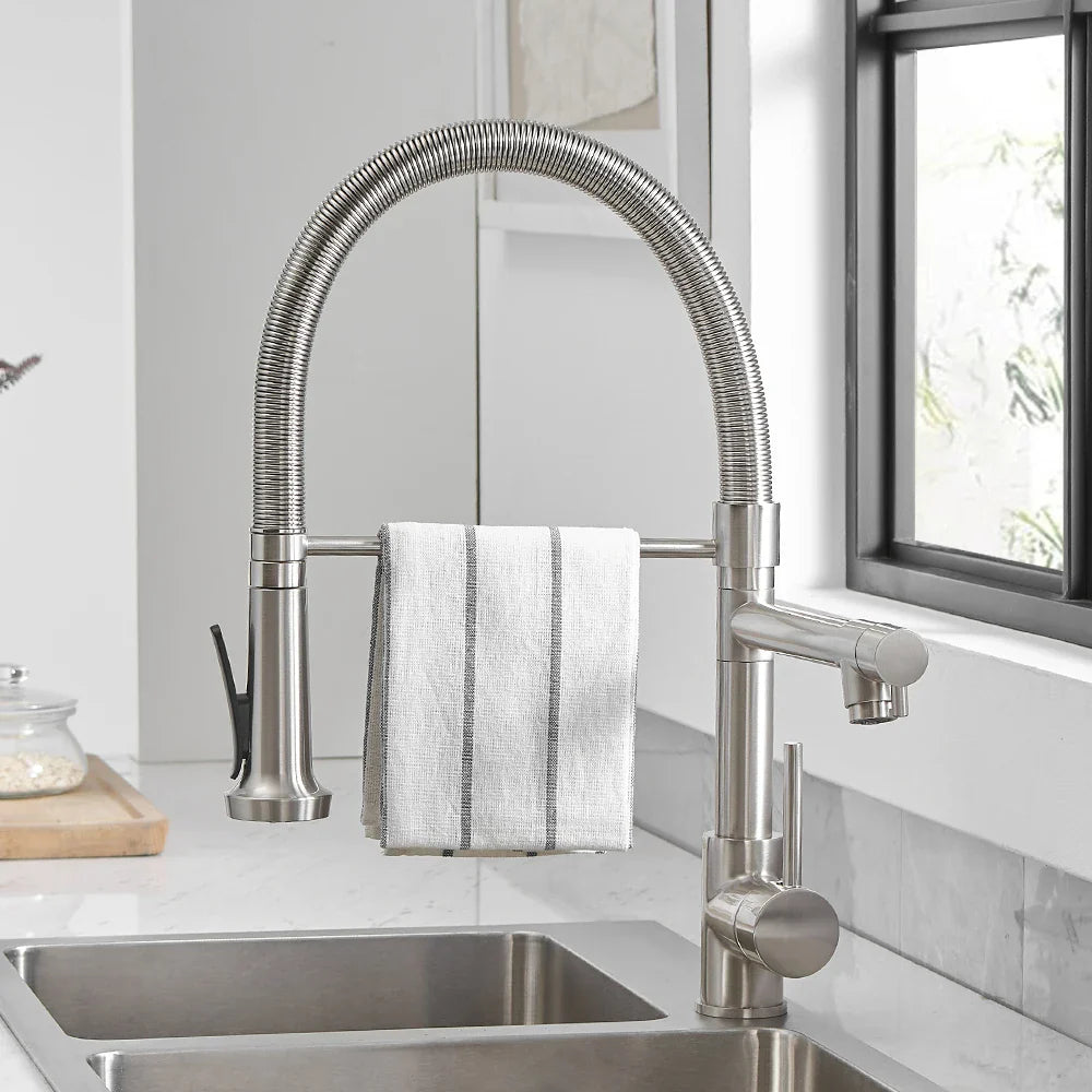Afralia™ Black Spring Kitchen Faucet with Sprayer and Brushed Nickel Finish
