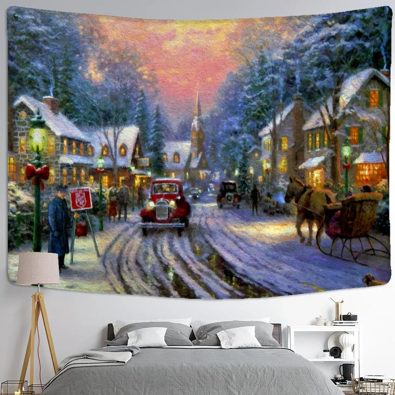 Snow Scene Oil Painting Tapestry Wall Hanging for Home Decor by Afralia™