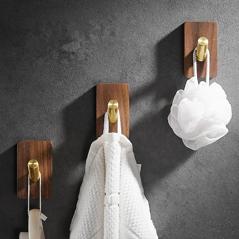 Afralia™ Brass Brushed Gold Wall Hook for Bathroom and Kitchen with Wood Accent