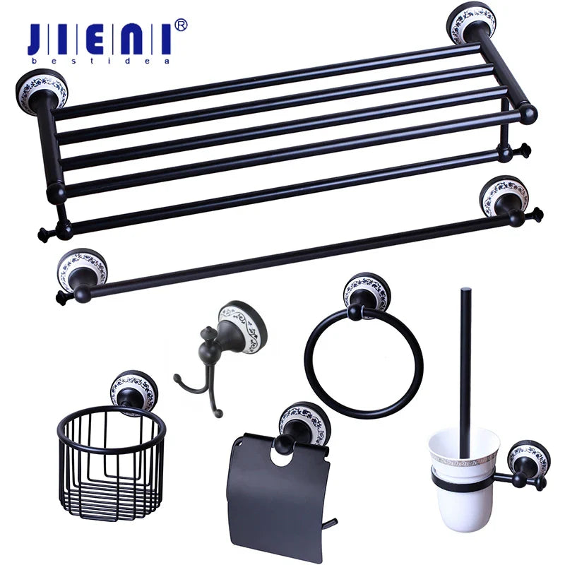 Afralia™ Matte Black Bathroom Accessories Set: Towel Ring, Paper Holder, Toilet Brush Holder, Cup