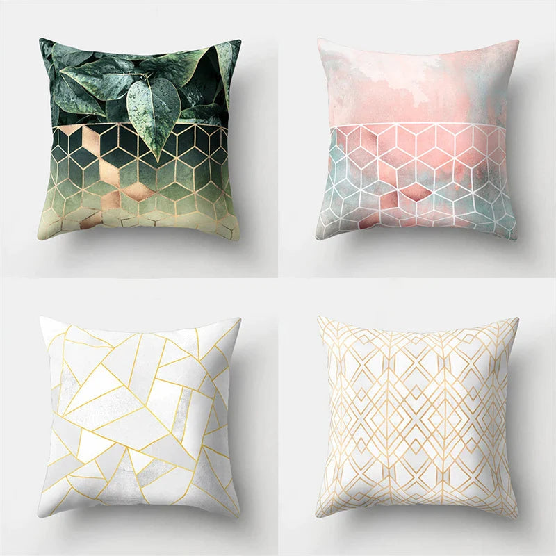 Pink Geometric Marble Pillowcase with Golden Line. Afralia™ Modern Home Decor.