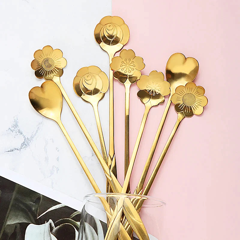 Afralia™ Gold Flower Stainless Steel Teaspoons Set for Coffee, Desserts, and Ice Cream