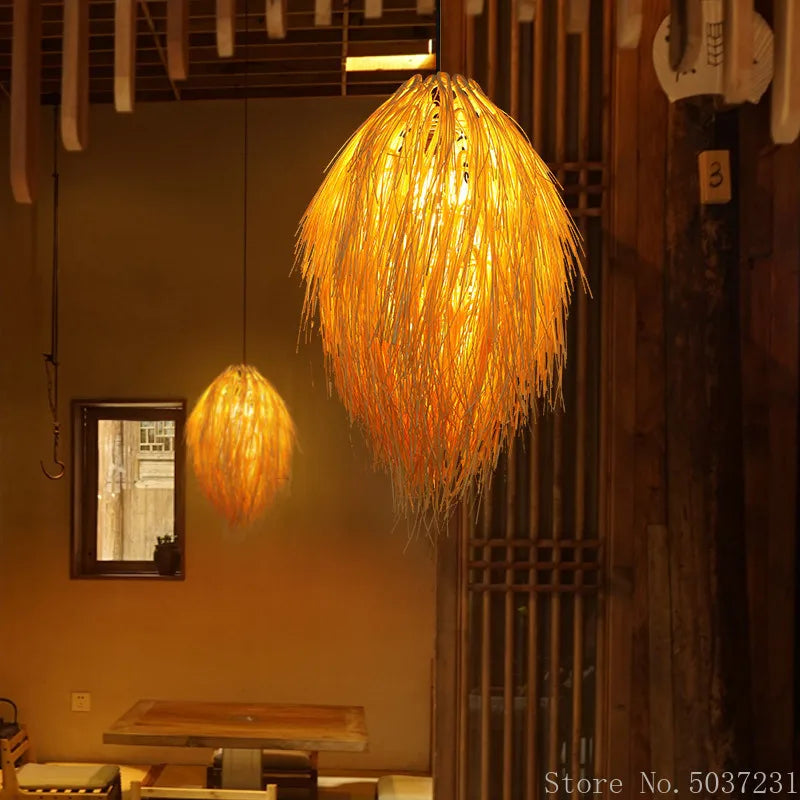 Afralia™ Bamboo Weave Pendant Lamp, Creative Rattan Hanging Light Fixture for Bedroom & Teahouse