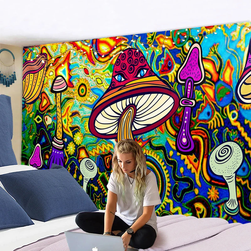 Afralia™ Mushroom Mandala Wall Hanging Tapestry - Bohemian Psychedelic Hippie Room Decor