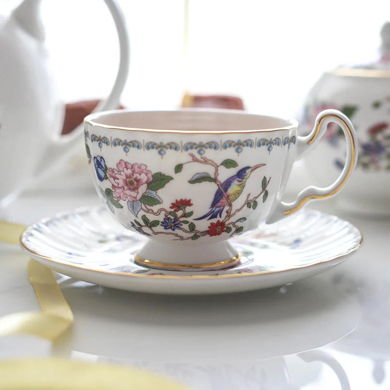 Afralia™ Bone China Tea Cup Set, Flowers Teacup & Snack Dish for Office Drinkware