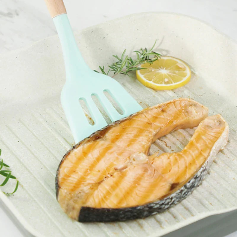 Afralia™ Silicone Kitchen Utensils Set with Wooden Handle - Food Grade & Practical Cooking Tools