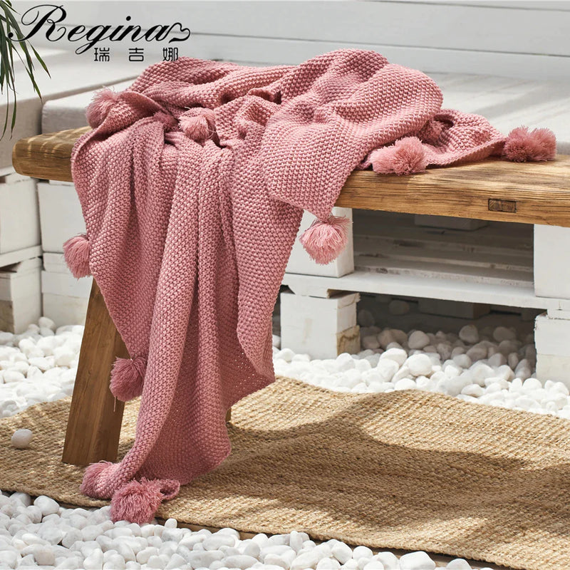 Afralia™ Osmanthus Needle Throw Blanket with Pompoms - Wine Pink