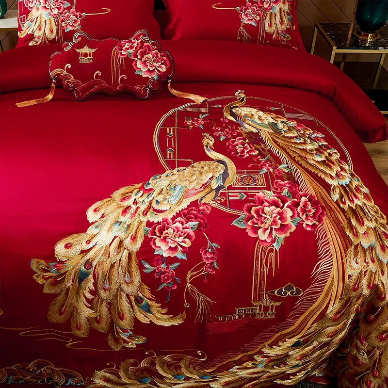 Afralia™ Luxury Gold Phoenix Embroidery Bedding Set, Red Chinese Wedding Style
