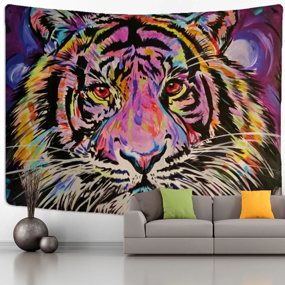Afralia™ Colorful Tiger Oil Painting Tapestry: Psychedelic Animal Background Home Decor