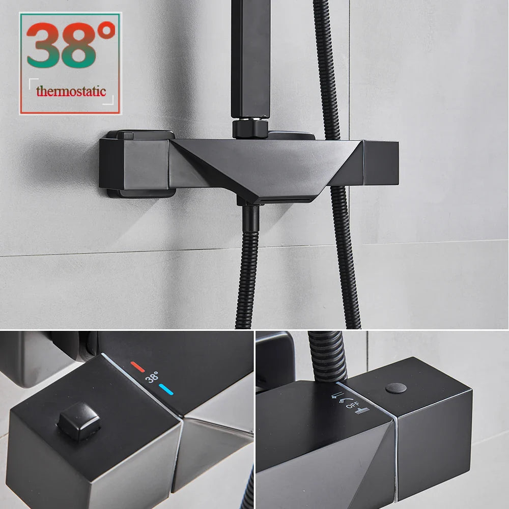 Afralia™ Matte Black Thermostatic Shower Set with Dual Handle Rain Waterfall