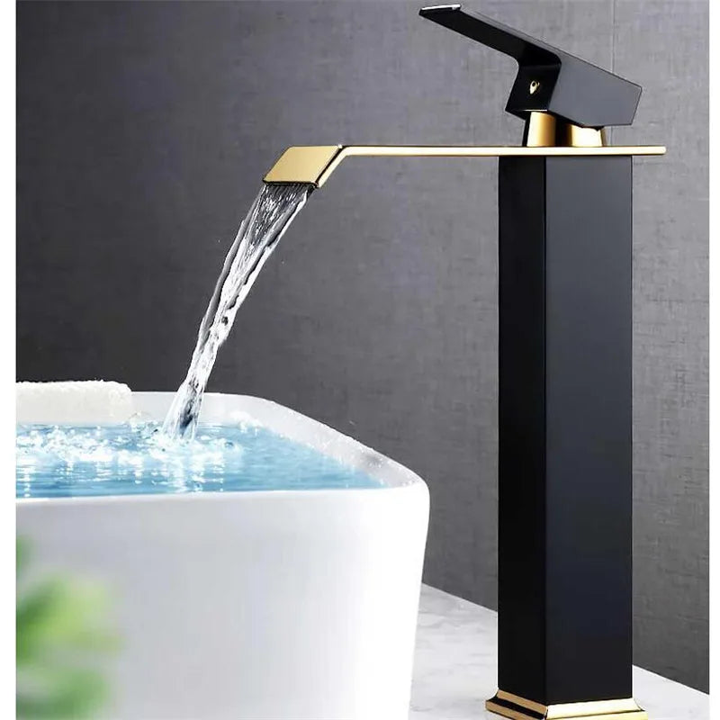 Afralia™ Gold Black Waterfall Basin Faucet Mixer Tap Hot Cold Sink Brass Bathroom