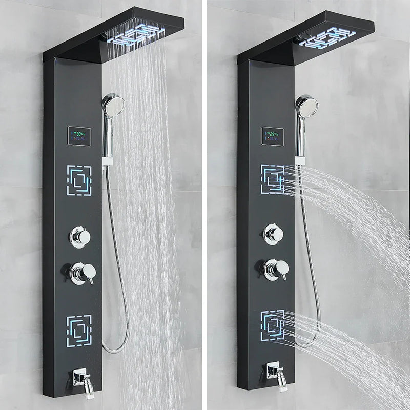 Afralia™ LCD Black LED Rainfall Shower Panel with 5 Massage Jets Wall Mount