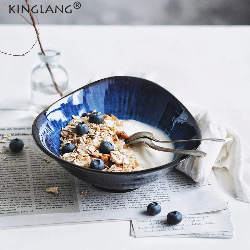 Afralia™ Ceramic Blue Glaze Tableware Plate Bowl Set - Eco-Friendly Porcelain, Solid Design