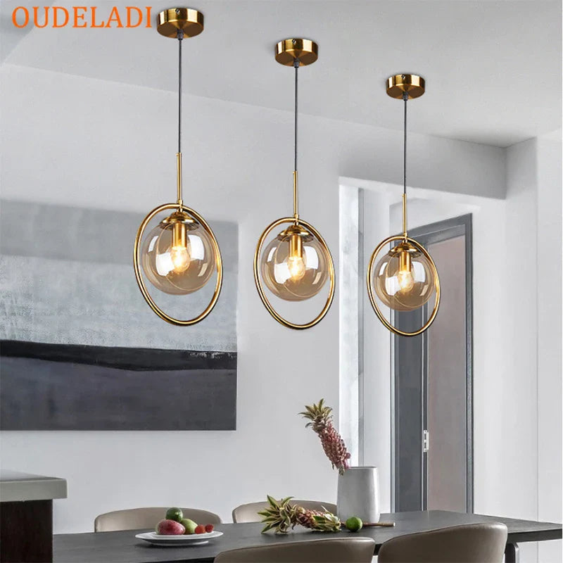 Afralia™ Modern Nordic Metal Ring Glass Ball Pendant Light for Living Room