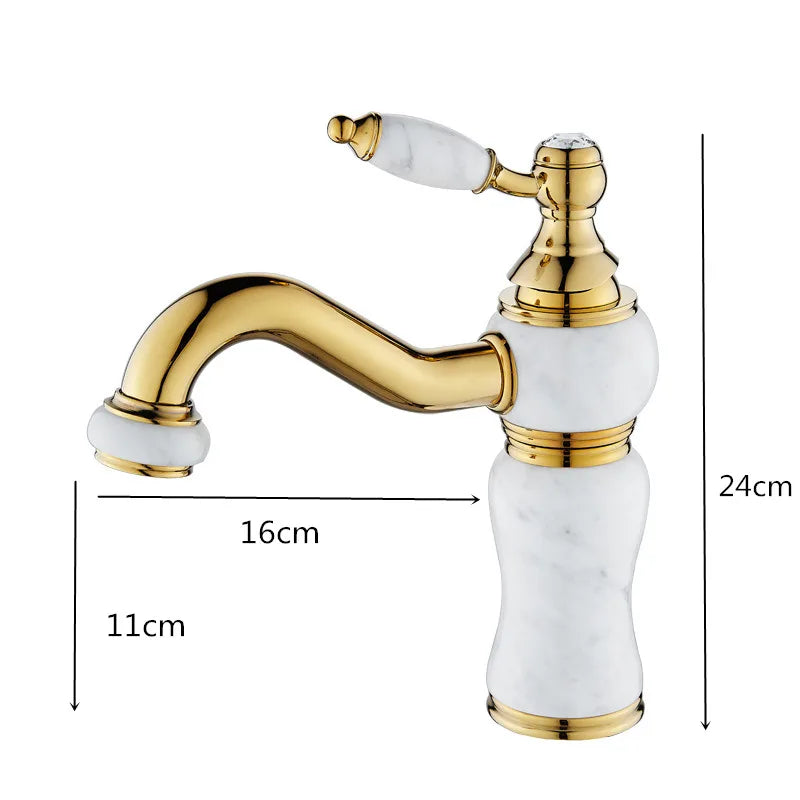 Afralia™ Gold Brass and Marble Bathroom Basin Faucet Cold Hot Water Mixer Sink Tap
