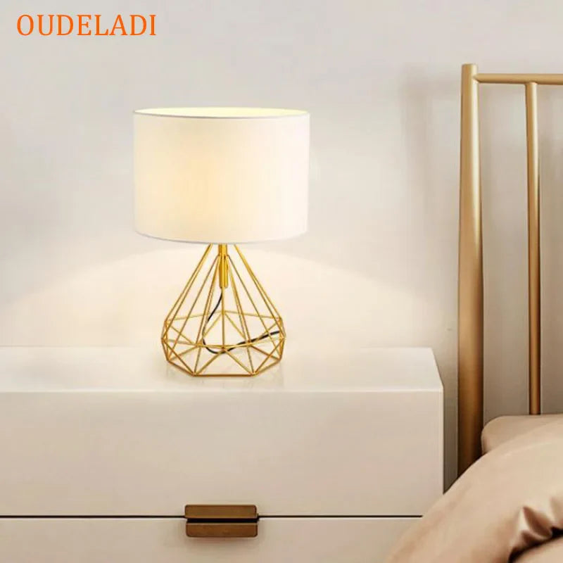 Afralia™ Geometric Gold Desk Lamp with Hollow Diamond Design and Cloth Shade