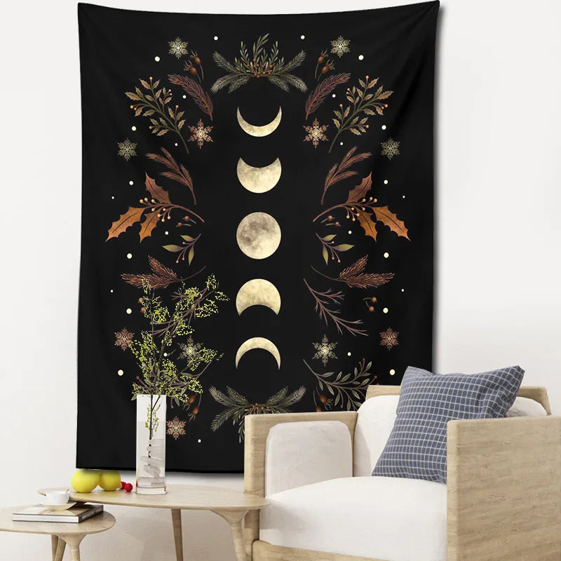 Afralia™ Moon Phase Boho Wall Tapestry: Black Psychedelic Carpet for Home Decor