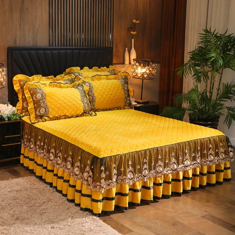 Afralia™ Crystal Velvet Bedspread Set with Super Soft Quilting & Lace Bedskirt