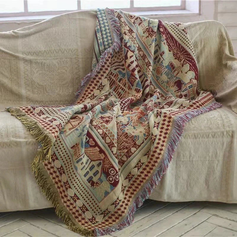 Afralia™ Bohemian Knitted Sofa Cover with Tassels - Soft Double Sided Couch Blanket