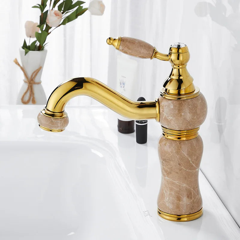 Afralia™ Gold Brass and Marble Bathroom Basin Faucet Cold Hot Water Mixer Sink Tap