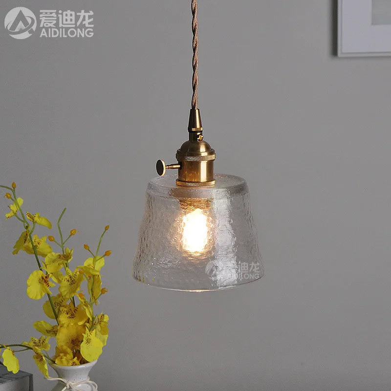 Afralia™ Green Glass LED Pendant Light - Japanese Style Nordic Copper Hanging Lamp