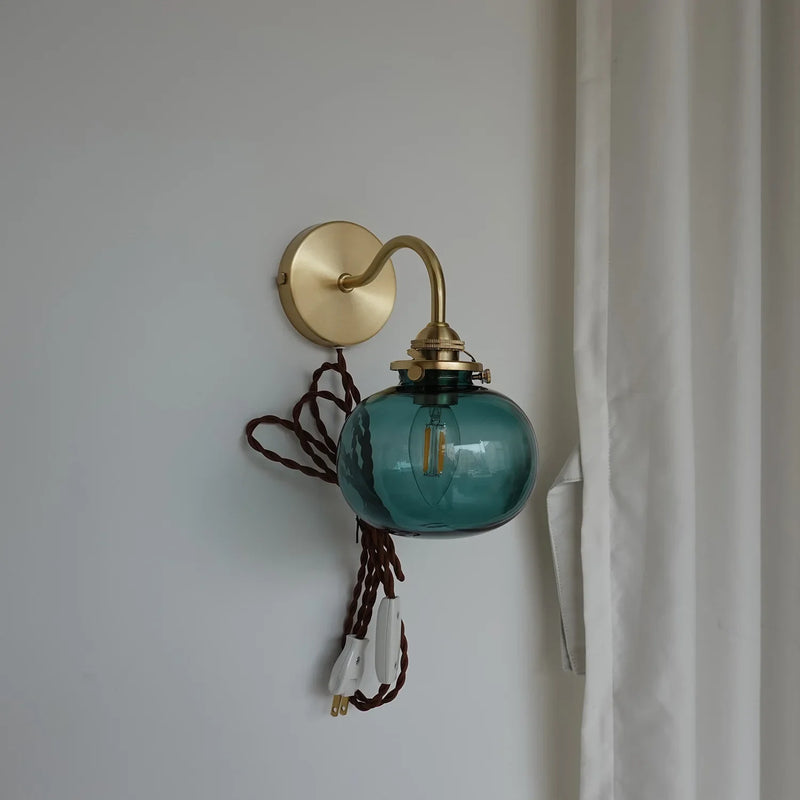 Afralia™ Blue Glass Ball Wall Lights Pull Chain Switch LED Sconce for Home Bedroom