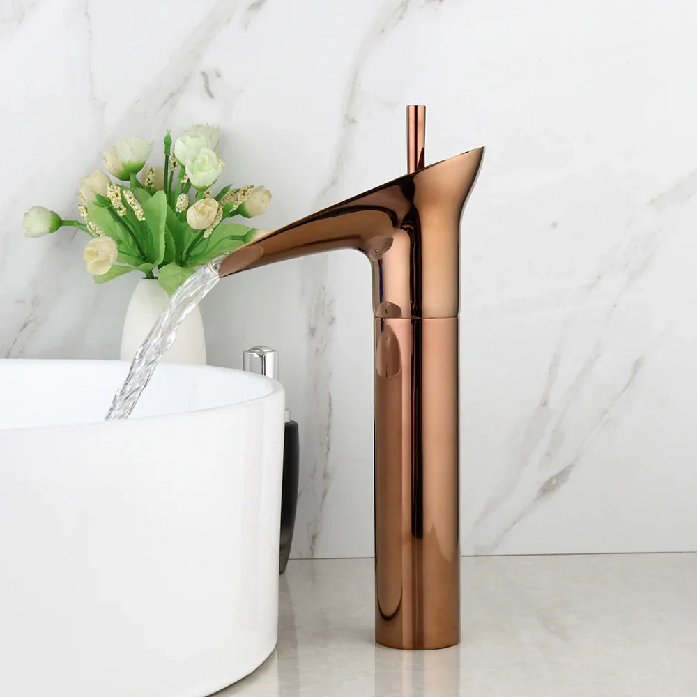 Afralia™ Rose Golden Waterfall Bathroom Faucet with Solid Brass Handle and Pink Golden Wine Design