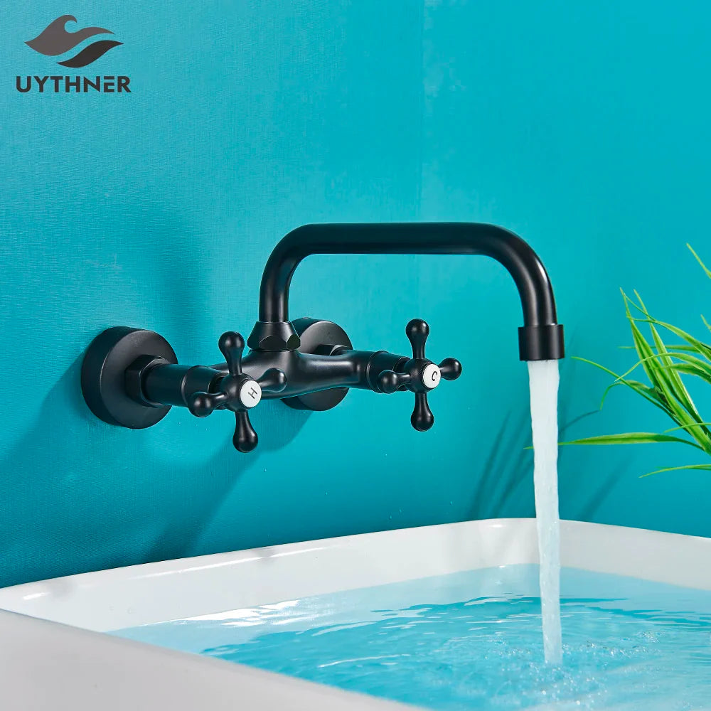 Afralia™ Black Kitchen Faucet Mixer Tap Swivel Spout Wall Mounted Hot Cold Water