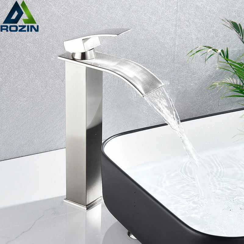 Afralia™ Brushed Nickel Single Lever Waterfall Basin Faucet - Deck Mounted Brass Mixer