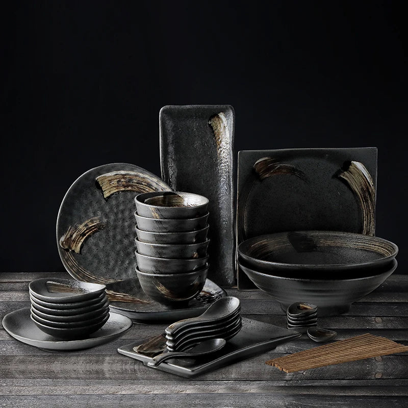 Afralia™ Black Ceramic Sushi Plate and Rice Bowl Set