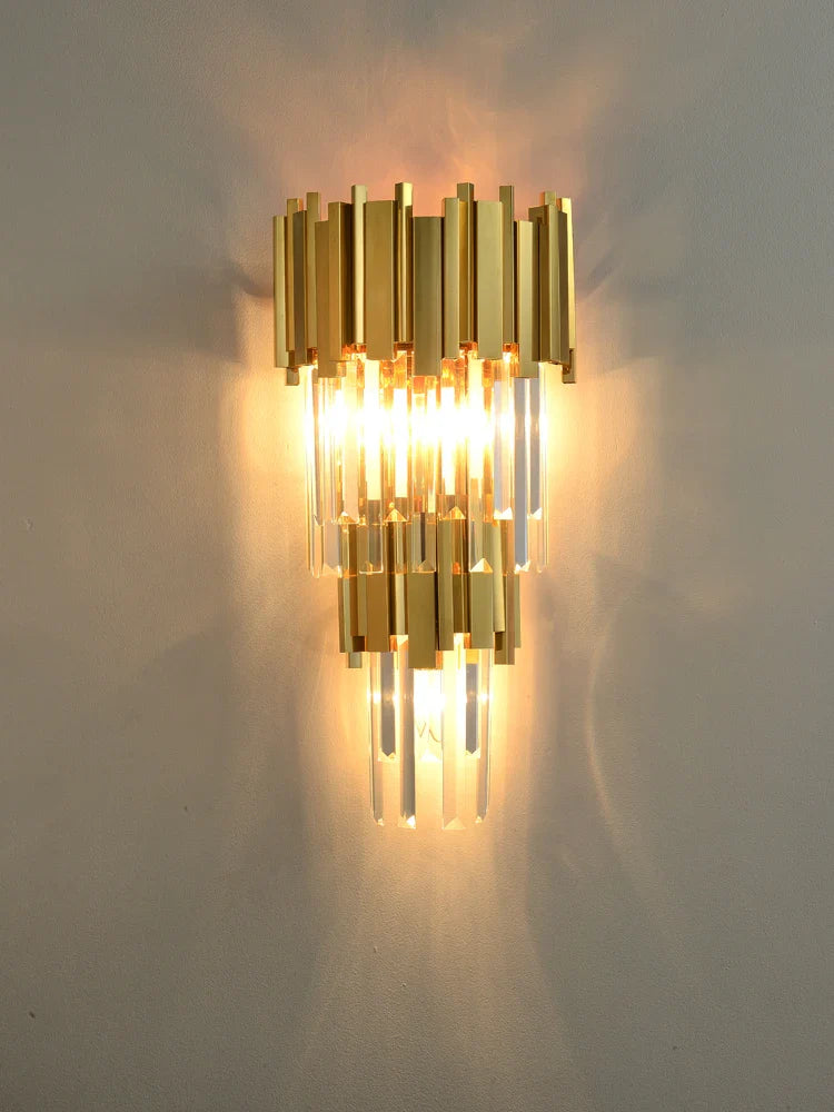 Afralia™ Crystal Golden LED Wall Sconce Stainless Steel Postmodern Art Deco Wall Light