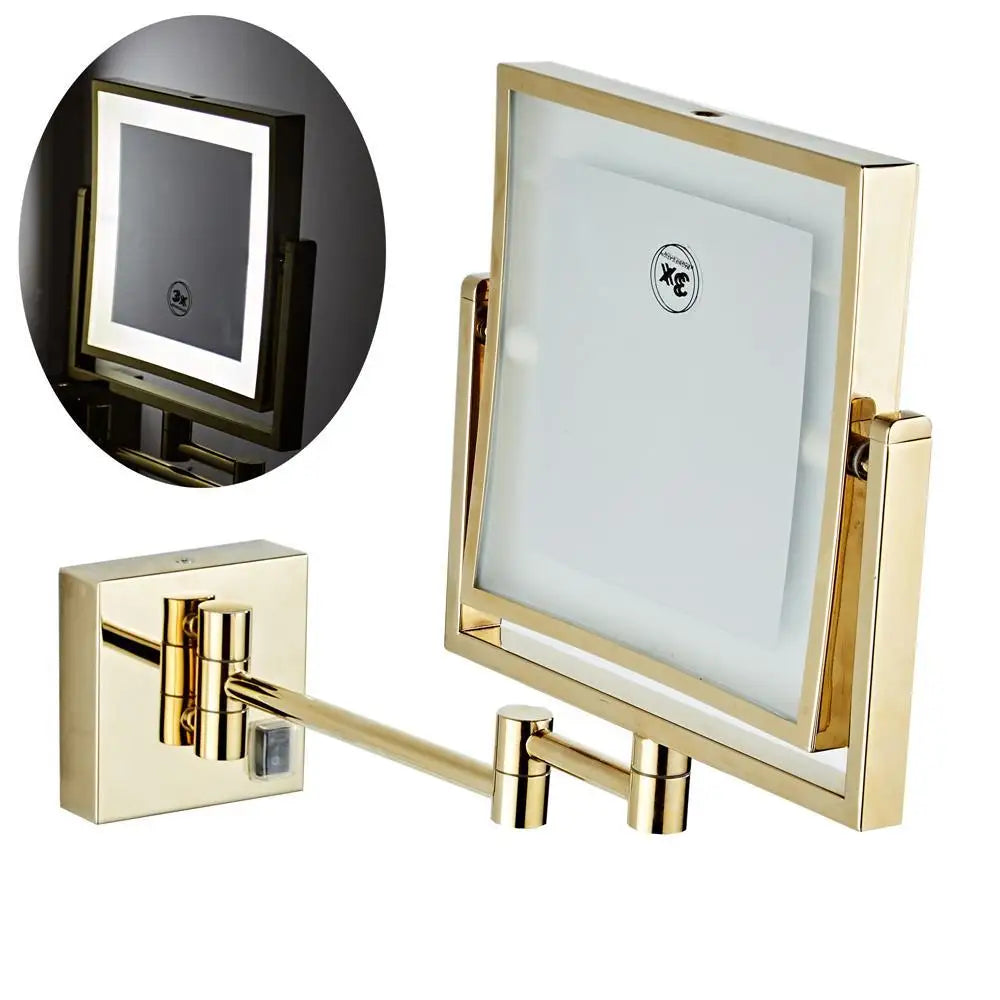 Afralia™ Gold LED Wall Mounted Makeup Mirror 3X/1X Folding Square Cosmetic Mirror