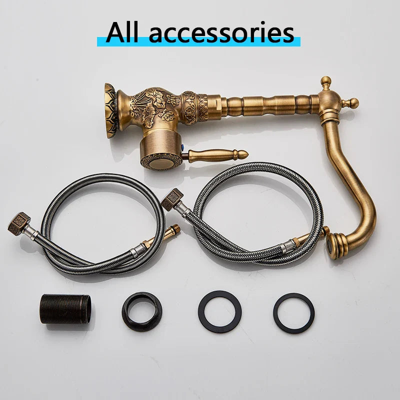 Afralia™ Antique Brass Basin Faucet Long Spout Flower Carved Sink Tap 360 Rotation