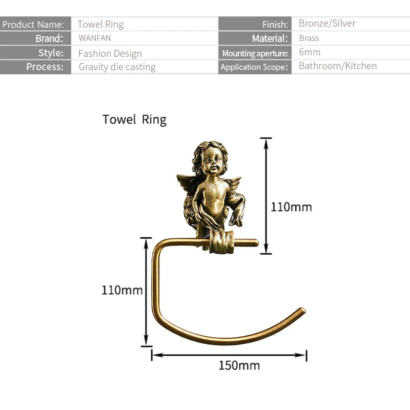 Afralia™ Gold Brass Angel Towel Ring Wall Rack for Bathroom - MB-0786B