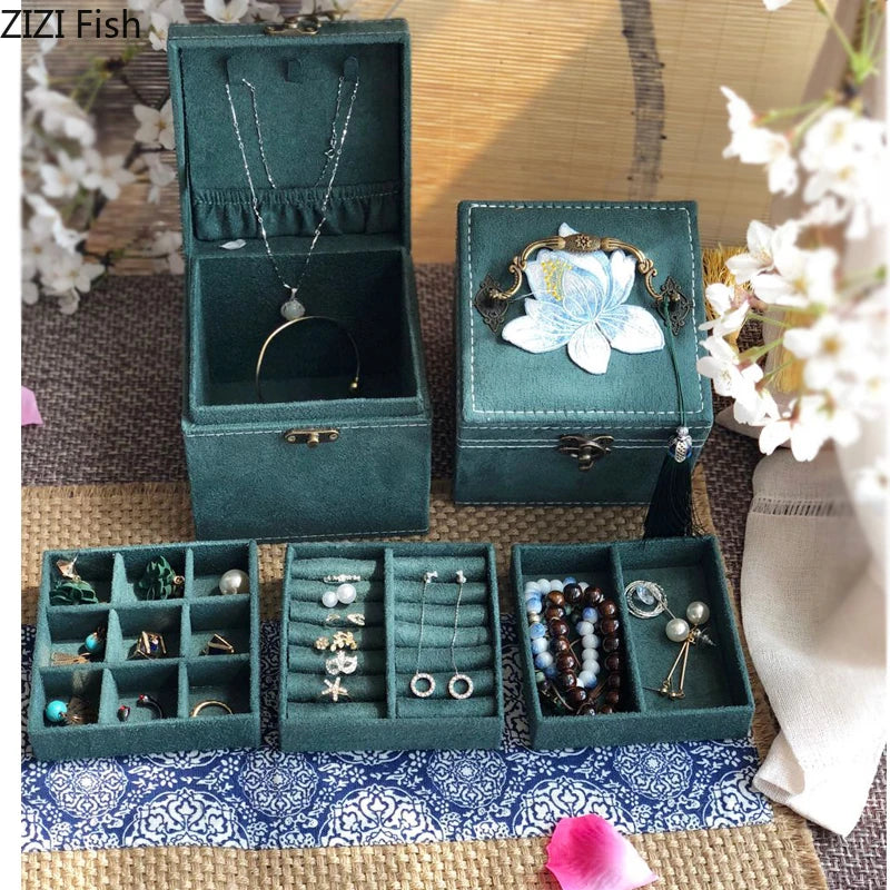 Afralia™ Three-Layer Floral Embroidery Jewelry Organizer & Makeup Box