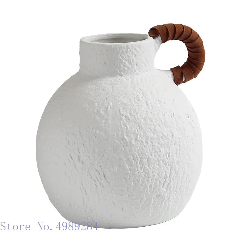 Afralia™ Retro Continental White Ceramic Flower Vase - Handle Ornament Rough Surface