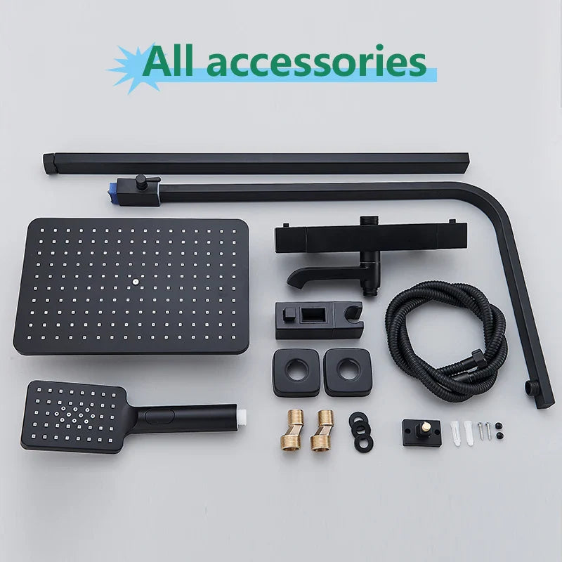 Afralia™ Matte Black Thermostatic Shower Faucet Set with Swivel Tub Spout