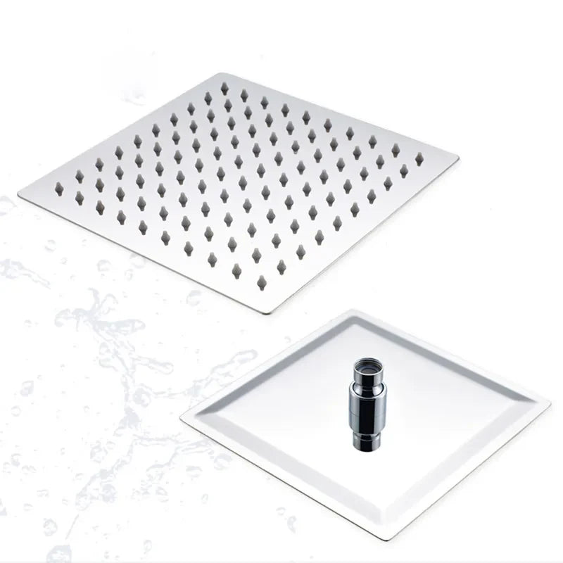 Afralia™ Square Chrome Rainfall Shower Head Set with Arm, Hose - 8" 10" 12" Sizes