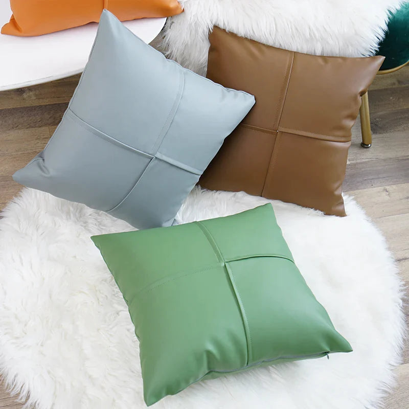 Afralia™ Faux Leather Cushion Cover 45x45cm Ivory Green Orange Brown Coral Plain