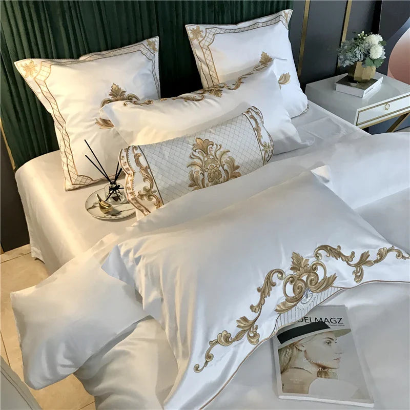 Afralia™ Luxurious White Satin & Cotton Bedding Set with Royal Gold Embroidery